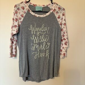 Judith March Gray Top with Pink Floral Sleeves